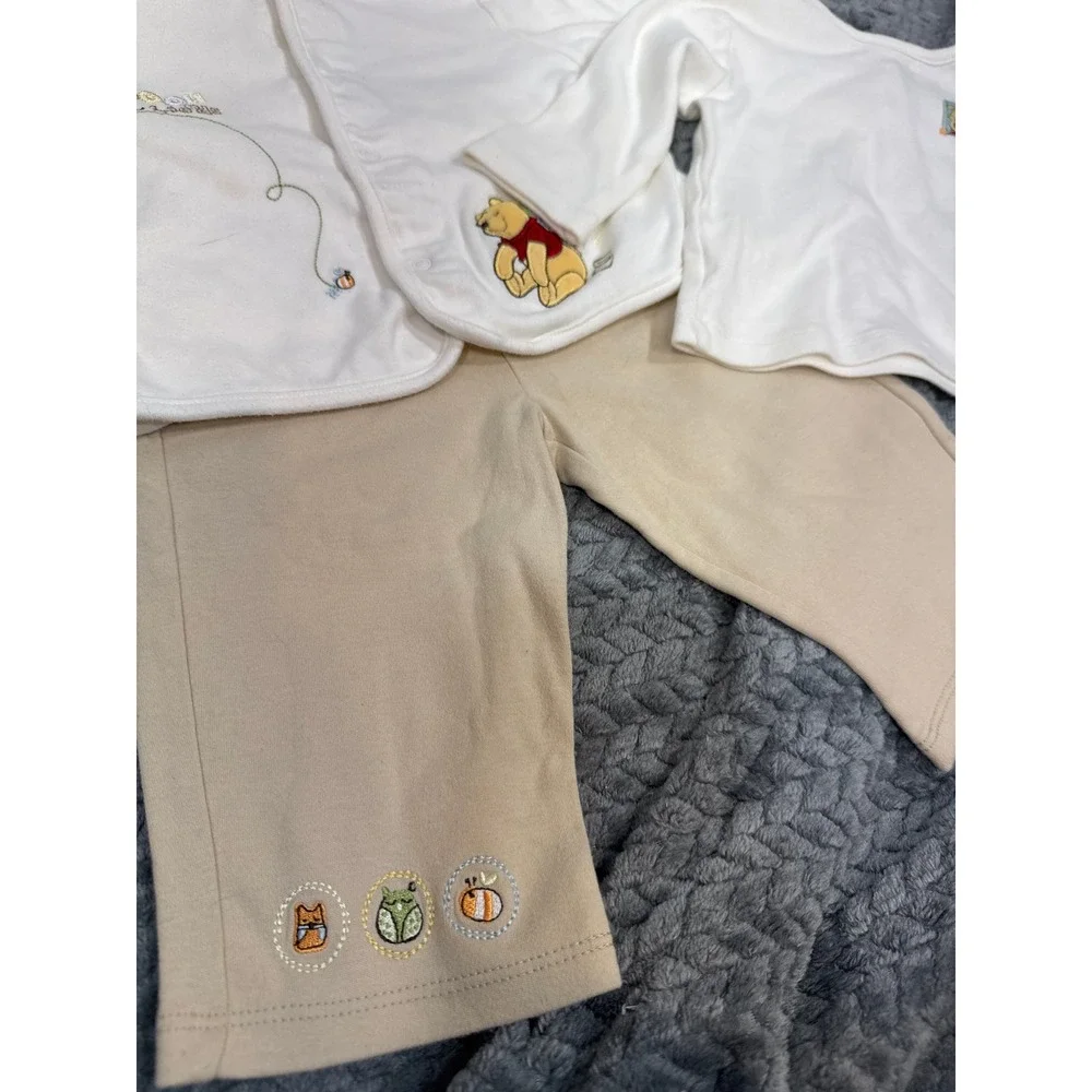 Disney Baby Winnie the Pooh 3 Piece Set 6-9M White Tan‎ Cardigan Shirt Pants